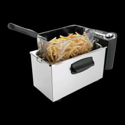 Friteuse à huile Taurus Professional 4 4L 2200W Noir/Blanc, vue latérale: panier sorti avec frites, corps inox et bouton