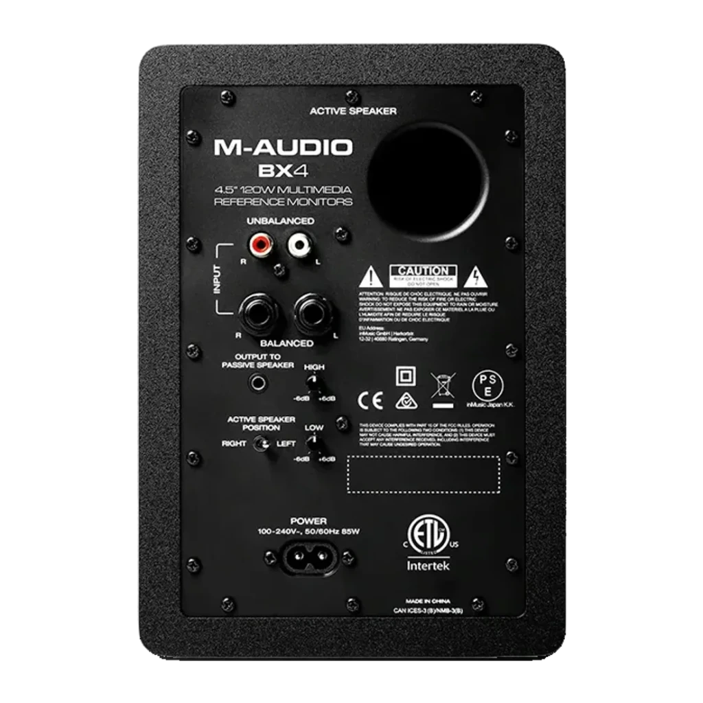 Moniteurs de Studio M-Audio BX4 50W RMS Filaire Noir, panneau arrière: entrées RCA, jack symétrique, évent bass-reflex