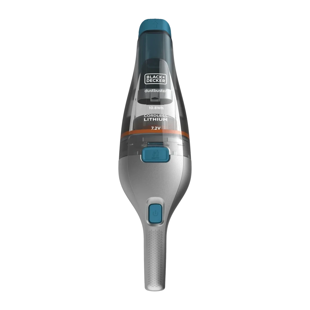 Aspirateur à Main Black & Decker 7.2V Noir Sans fil 882l/min 10min, vue de face: réservoir transparent, bouton bleu