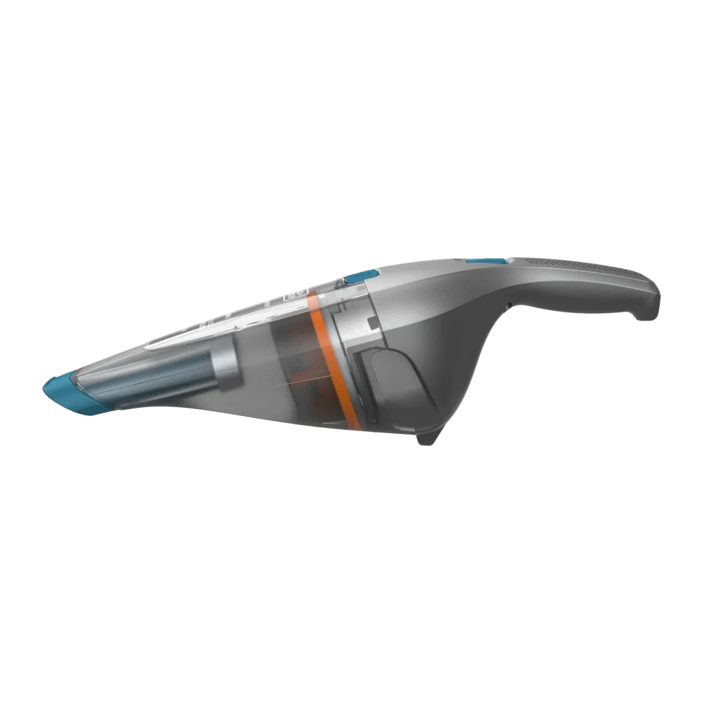 Aspirateur à Main Black & Decker 7.2V Noir Sans fil 882l/min 10min, vue latérale: réservoir transparent avec bande orange