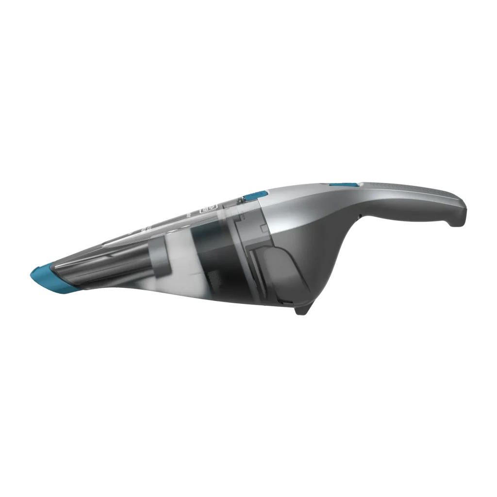 Aspirateur à Main Black & Decker 7.2V Noir Sans fil 882l/min 10min, profil: vue latérale avec réservoir translucide et buse