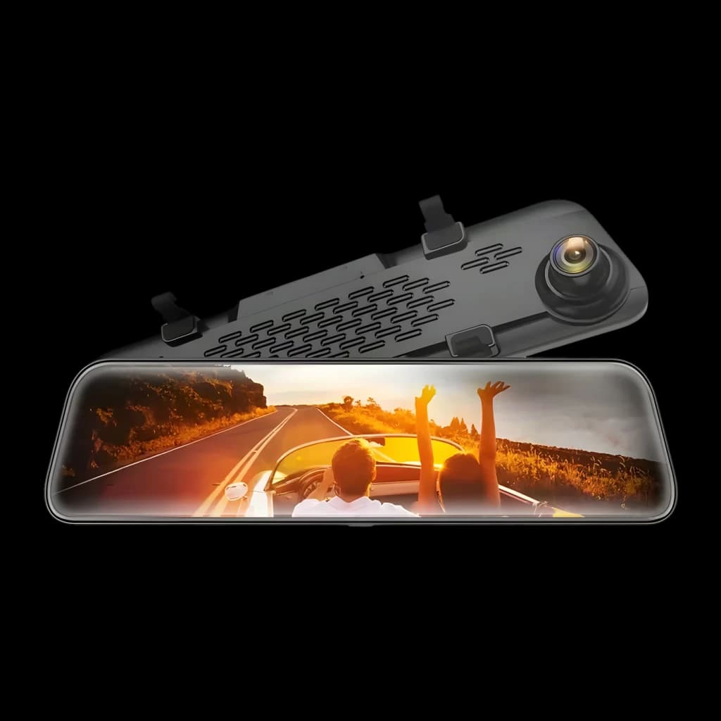 Dashcam WOLFBOX G840S 32GB Preto 2CH 4K + 1080P GPS, vista frontal: espelho retrovisor com ecrã tátil e lente frontal visível