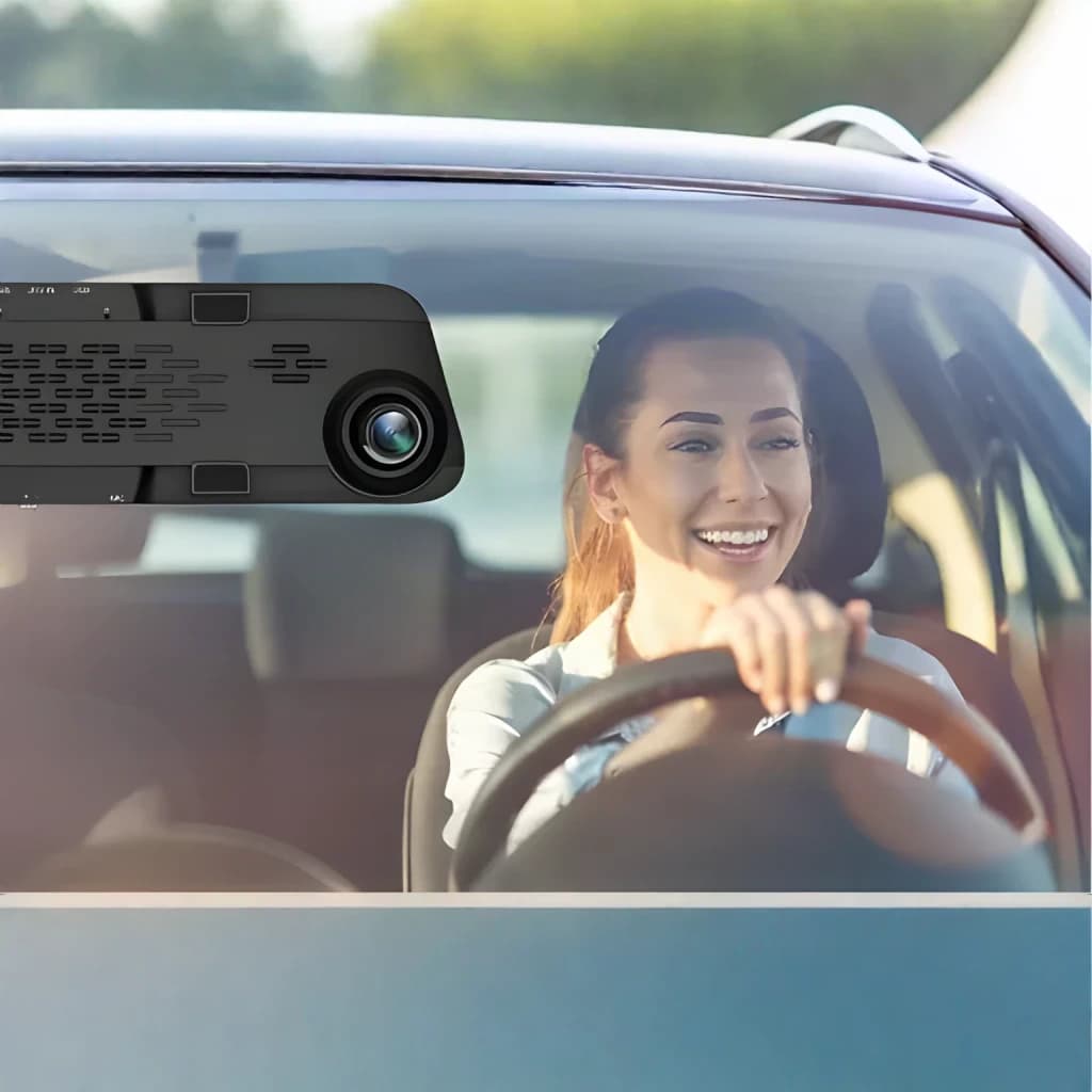 Dashcam WOLFBOX G840S 32GB Preto 2CH 4K + 1080P GPS, uso real: lente frontal preta sobre condutora sorridente ao volante