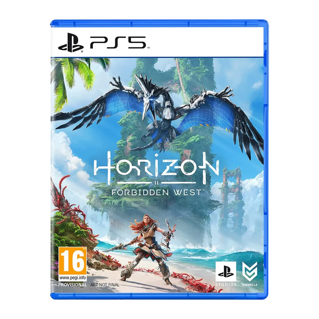 Sony Horizon Forbidden West Bleu PS5 Édition Standard, face avant: boîtier bleu avec Aloy et machine volante en couverture