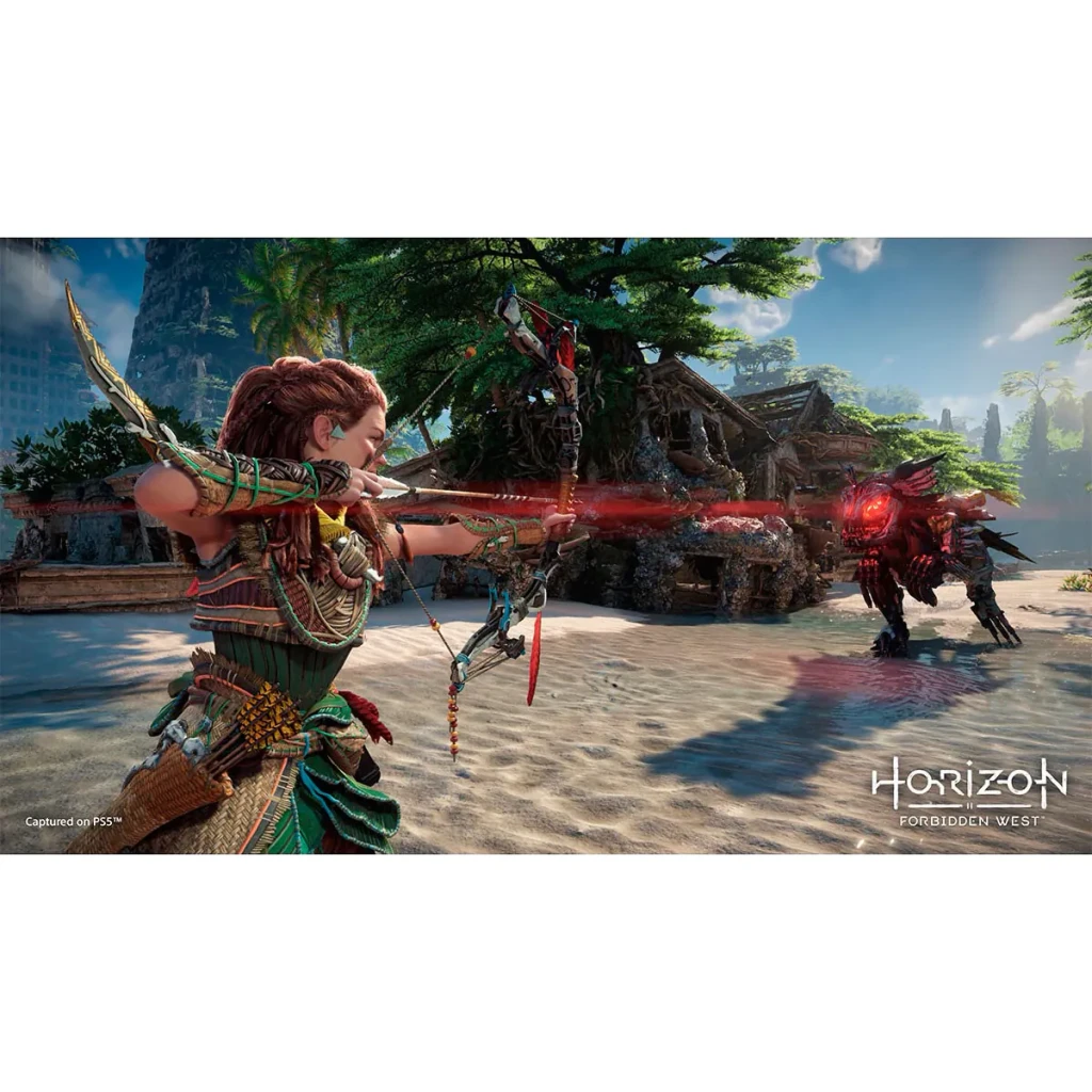 Sony Horizon Forbidden West Bleu PS5 Édition Standard, gameplay: Aloy vise une machine rouge sur une plage tropicale