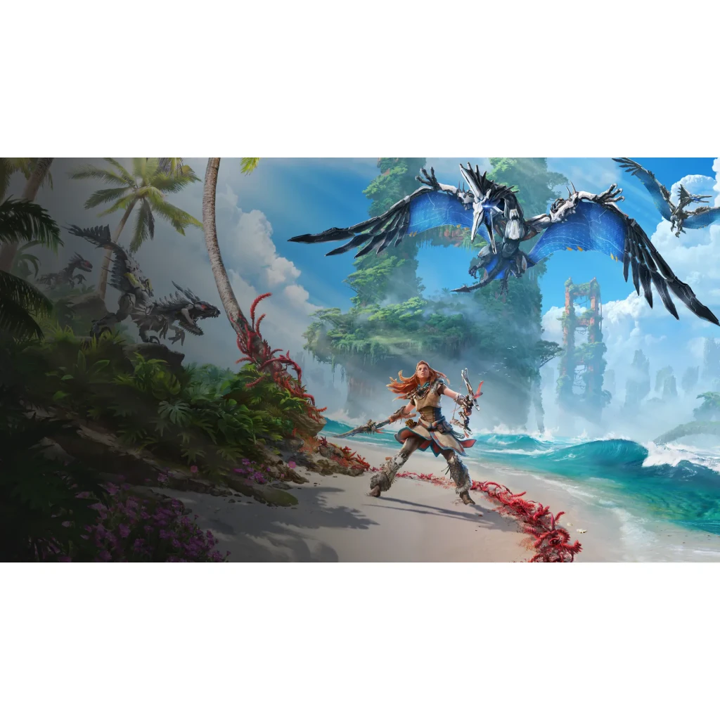 Sony Horizon Forbidden West Bleu PS5 Édition Standard, artwork clé: Aloy sur plage avec machines volantes et dinosaures