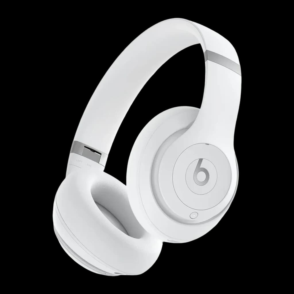 Casque Beats Studio Pro Réduction Active du Bruit Arceau blanc, vue de face: arceau et coussinets blancs avec accents