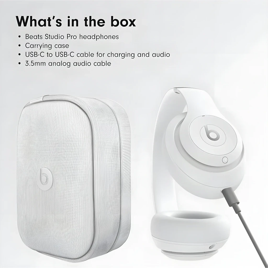 Casque Beats Studio Pro Réduction Active du Bruit Arceau blanc, contenu de la boîte: étui rigide et casque avec câble USB-C