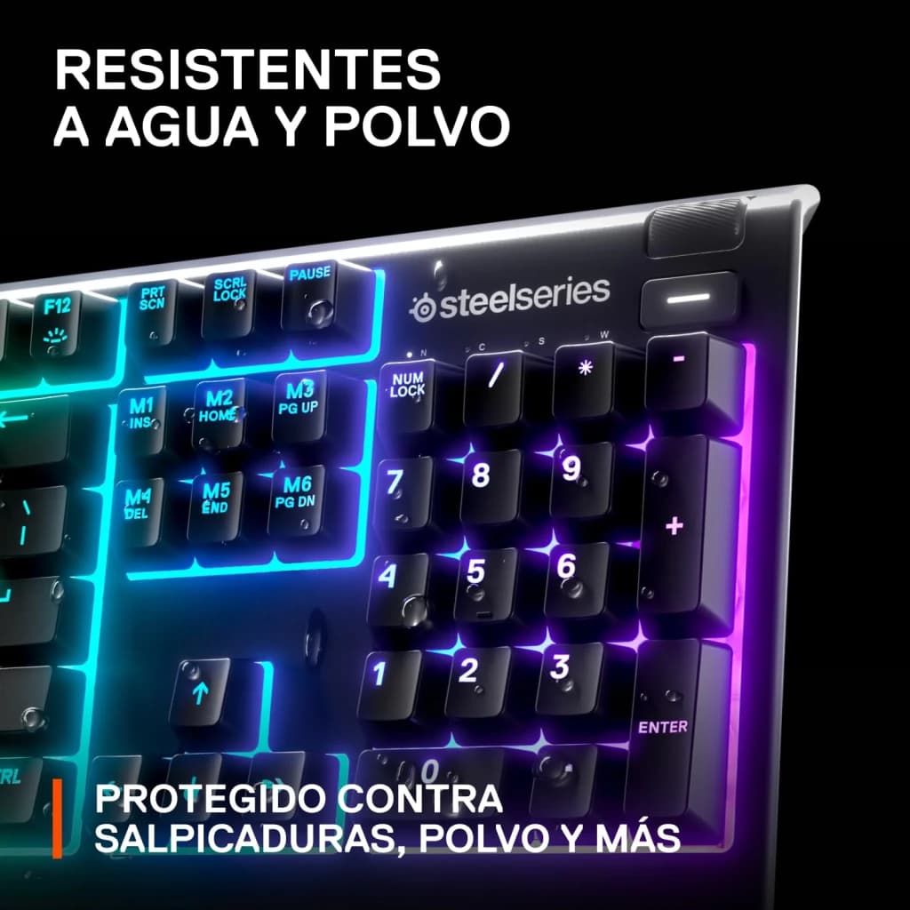 Teclado Gaming SteelSeries Apex 3 RGB Português 100% Preto, detalhe: teclado numérico com retroiluminação RGB azul e rosa
