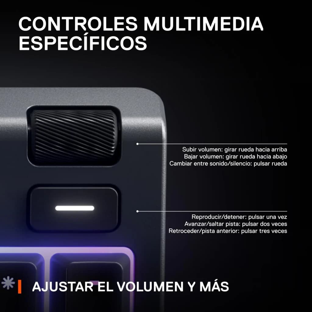 Teclado Gaming SteelSeries Apex 3 RGB Português 100% Preto, detalhe: roda de volume e botão multimédia com retroiluminação