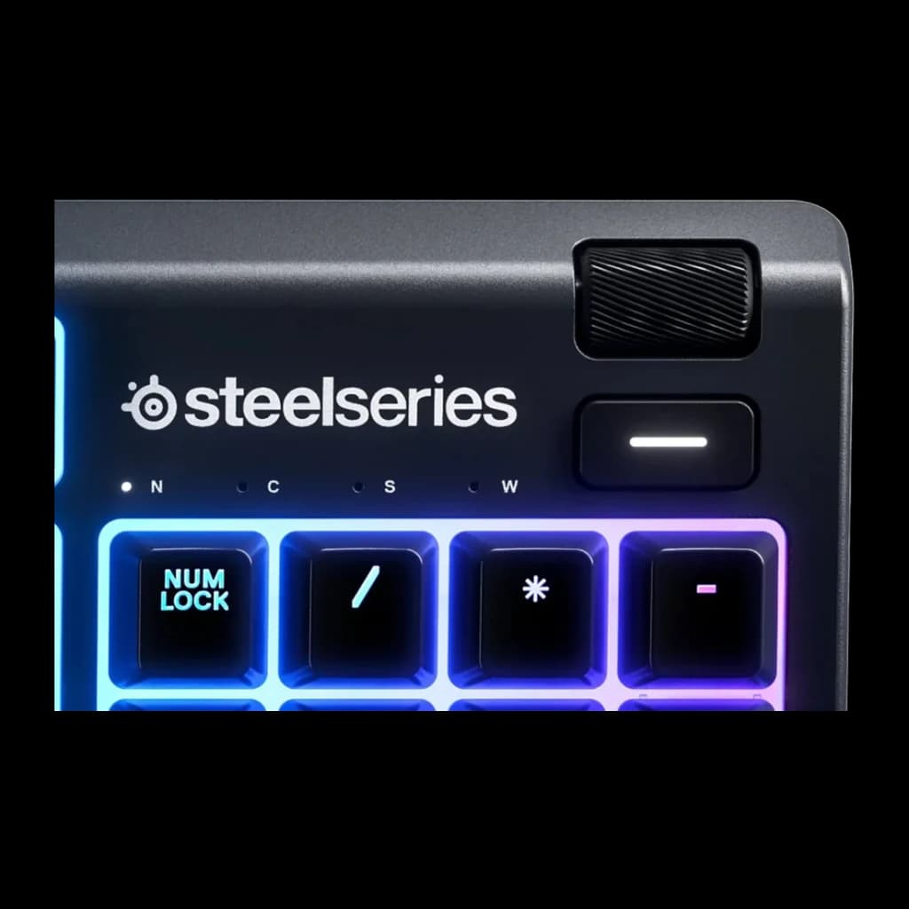 Teclado Gaming SteelSeries Apex 3 RGB Português 100% Preto, detalhe: roda de volume, logótipo e teclas numpad com iluminação
