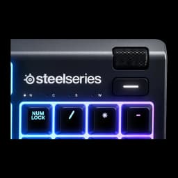 Teclado Gaming SteelSeries Apex 3 RGB Português 100% Preto, detalhe: roda de volume, logótipo e teclas numpad com iluminação