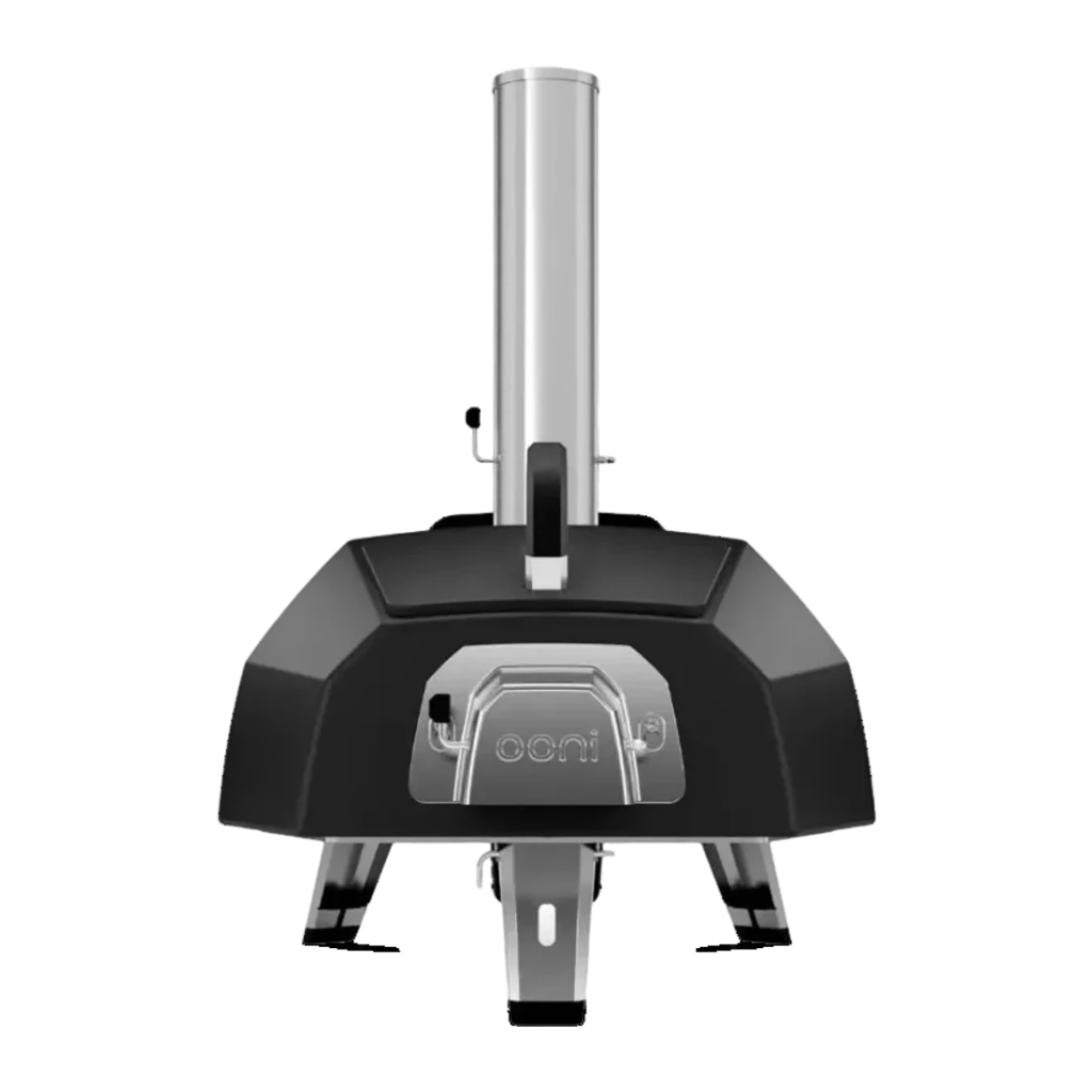 Four à pizza Ooni Karu 2 Pro Multifuel 40 cm 9,8 kWh / 33000 BTU/h Noir, vue arrière: cheminée en acier, logo Ooni et pieds