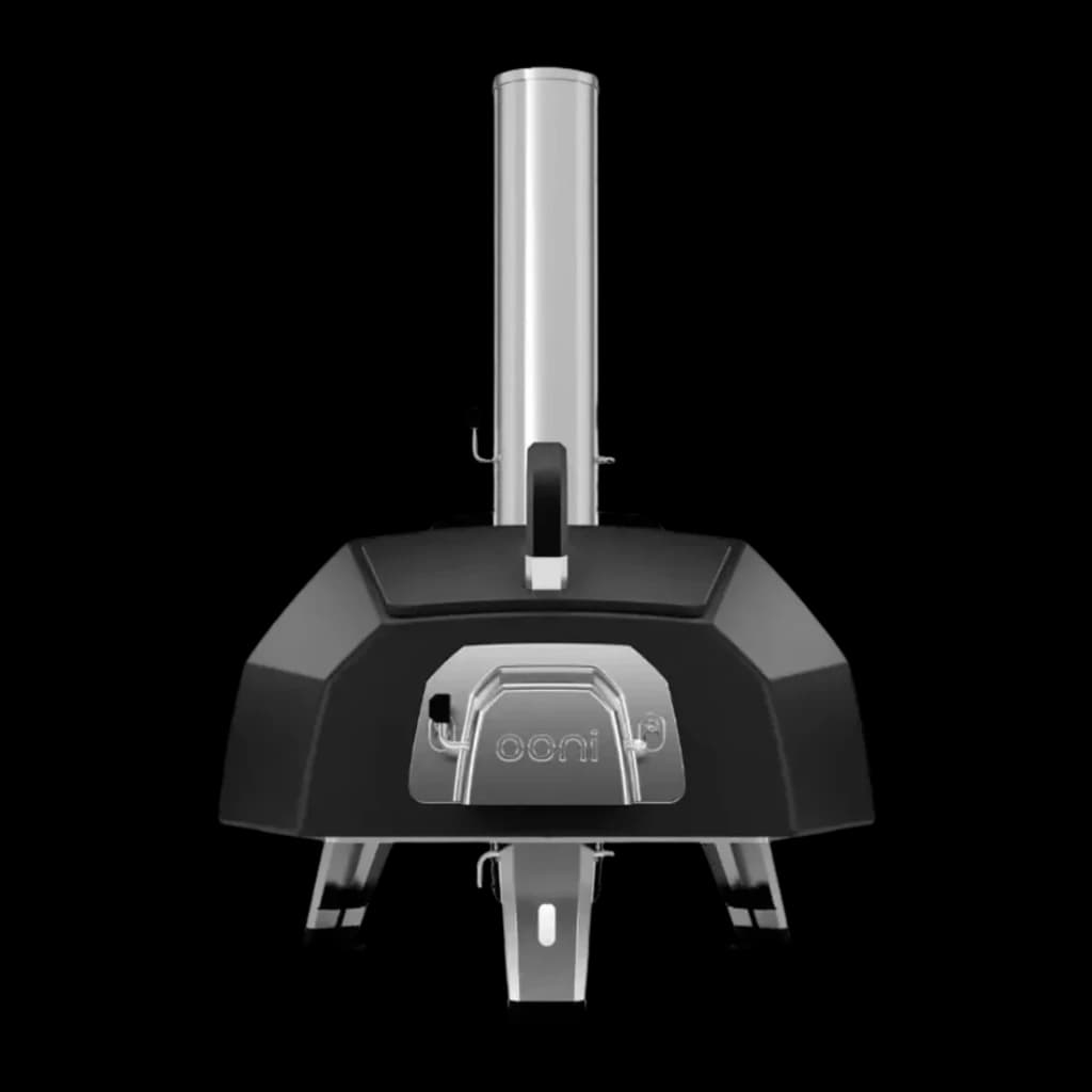 Four à pizza Ooni Karu 2 Pro Multifuel 40 cm 9,8 kWh / 33000 BTU/h Noir, vue arrière: cheminée en acier, logo Ooni et pieds