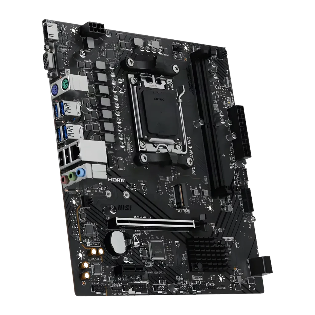 Placa base MSI PRO A620AM-B EVO A620 AM5 DDR5 ATX Negro, vista angular: socket AM5, ranura PCIe y panel trasero con puertos