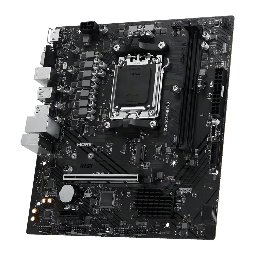 Placa base MSI PRO A620AM-B EVO A620 AM5 DDR5 ATX Negro, vista angular: socket AM5, ranuras DDR5 y panel trasero I/O visibles