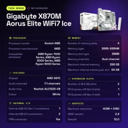 Carte mère Gigabyte X870M Aorus Elite WiFi7 Ice AMD X870 AM5 DDR5 Micro ATX blanche - caractéristiques