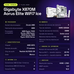 Carte mère Gigabyte X870M Aorus Elite WiFi7 Ice AMD X870 AM5 DDR5 Micro ATX blanche - caractéristiques