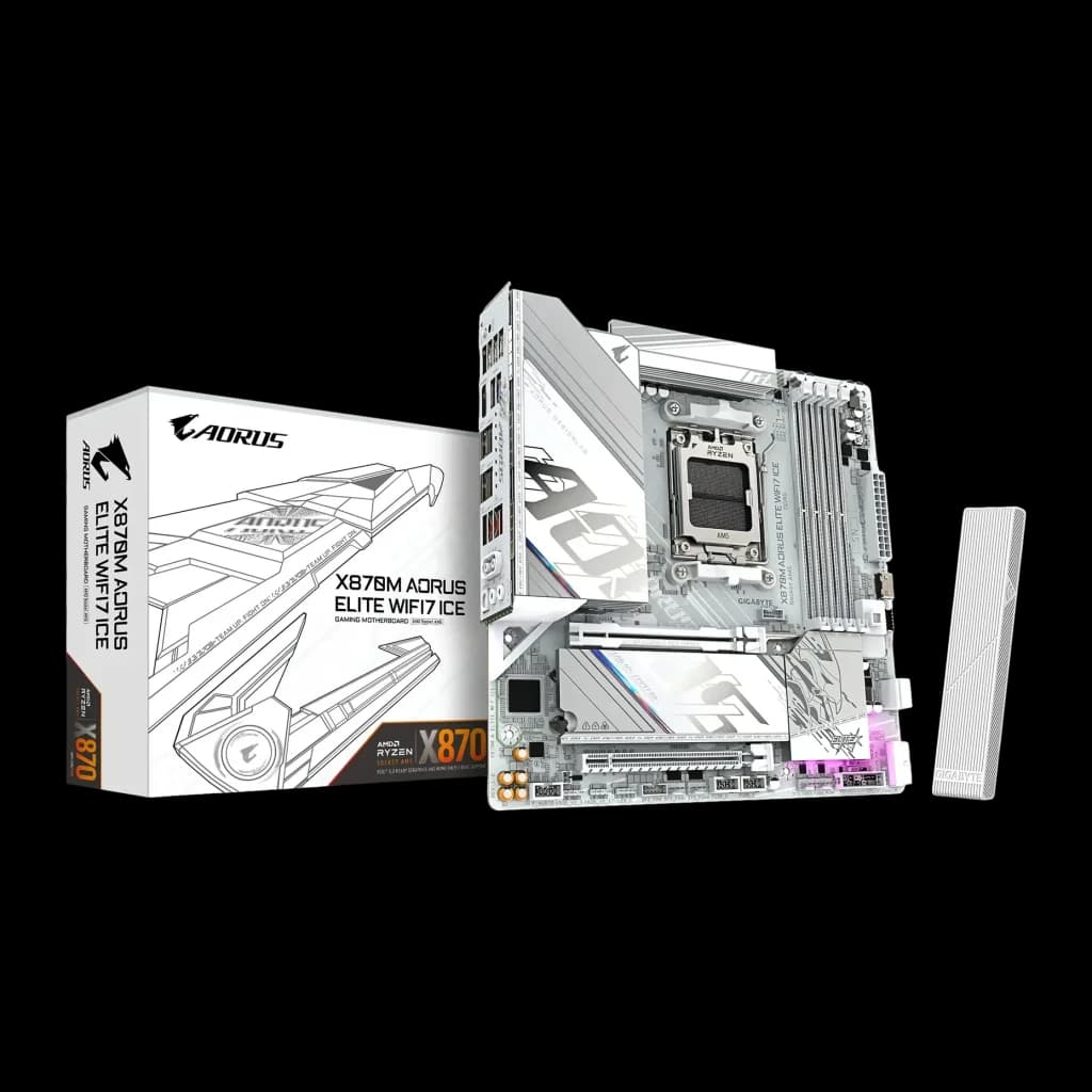 Carte mère Gigabyte X870M Aorus Elite WiFi7 Ice AMD X870 AM5 DDR5 ATX Blanc, vue avant avec boîte: PCB blanc, socket AM5