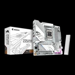 Carte mère Gigabyte X870M Aorus Elite WiFi7 Ice AMD X870 AM5 DDR5 ATX Blanc, vue avant avec boîte: PCB blanc, socket AM5