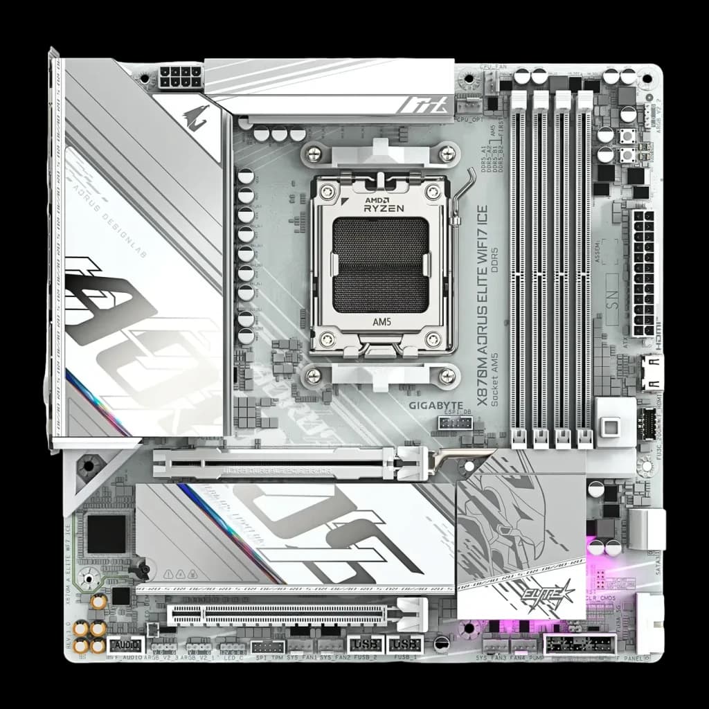 Carte mère Gigabyte X870M Aorus Elite WiFi7 Ice AMD X870 AM5 DDR5 ATX Blanc, vue de dessus: socket AM5, slots DDR5 et RGB