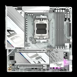 Carte mère Gigabyte X870M Aorus Elite WiFi7 Ice AMD X870 AM5 DDR5 ATX Blanc, vue de dessus: socket AM5, slots DDR5 et RGB