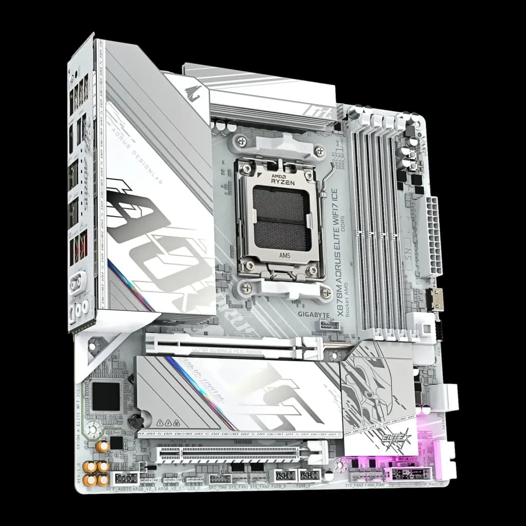 Carte mère Gigabyte X870M Aorus Elite WiFi7 Ice AMD X870 AM5 DDR5 ATX Blanc, vue en angle: socket AM5, dissipateurs VRM