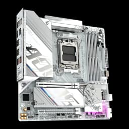 Carte mère Gigabyte X870M Aorus Elite WiFi7 Ice AMD X870 AM5 DDR5 ATX Blanc, vue en angle: socket AM5, dissipateurs VRM