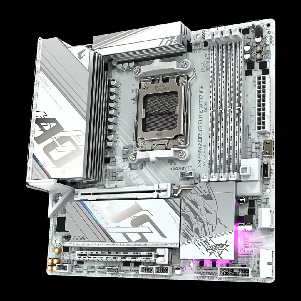 Carte mère Gigabyte X870M Aorus Elite WiFi7 Ice AMD X870 AM5 DDR5 ATX Blanc, vue en angle: socket AM5, dissipateurs blancs