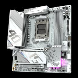 Carte mère Gigabyte X870M Aorus Elite WiFi7 Ice AMD X870 AM5 DDR5 ATX Blanc, vue en angle: socket AM5, dissipateurs blancs