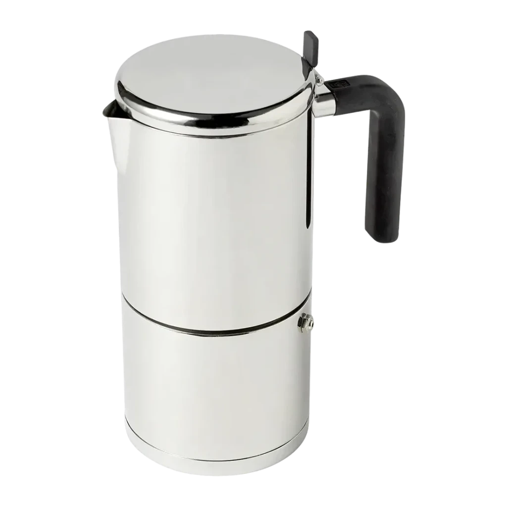 Cafetera italiana BRA Bali 14 tazas Plata A170404, detalle: cuerpo cilíndrico pulido, asa negra y válvula de seguridad