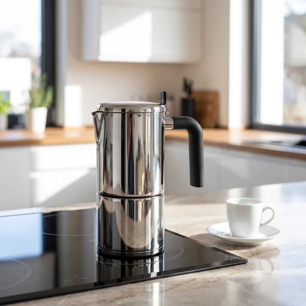 Cafetera italiana BRA Bali 14 tazas Plata A170404, en uso: sobre vitrocerámica negra en cocina moderna, taza blanca al lado