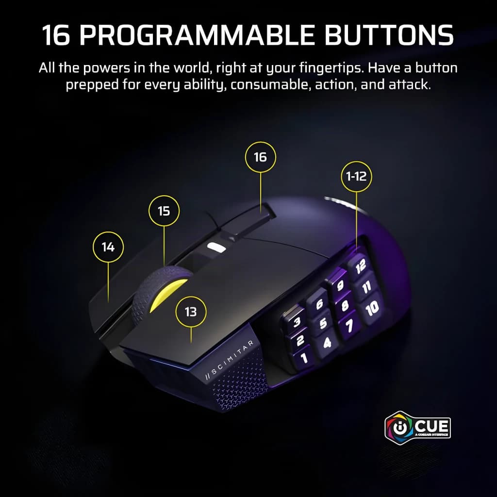Ratón Gaming Corsair Scimitar Elite Wireless SE Inalámbrico 33000 DPI RGB Blanco, infografía: 16 botones programables
