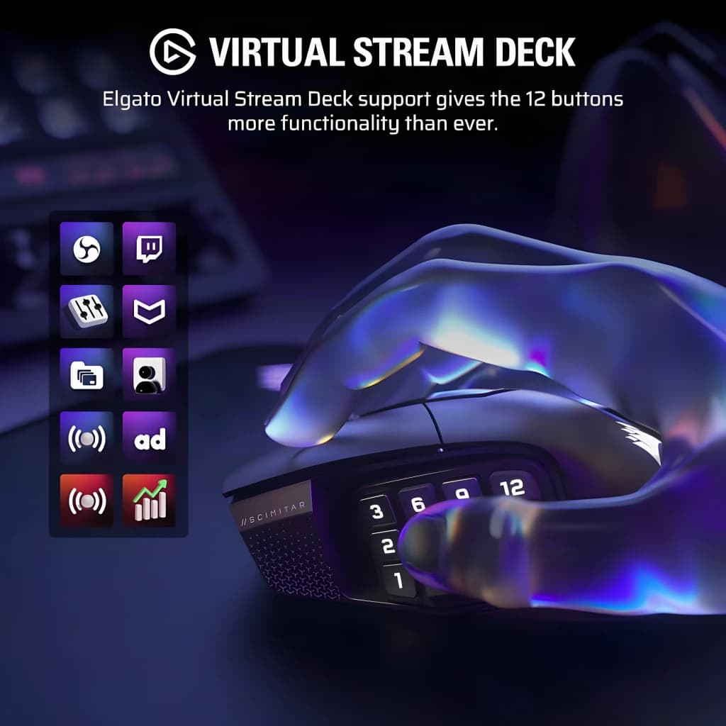 Ratón Gaming Corsair Scimitar Elite Wireless SE Inalámbrico 33000 DPI RGB Blanco, vista lateral: mano sujetando el ratón