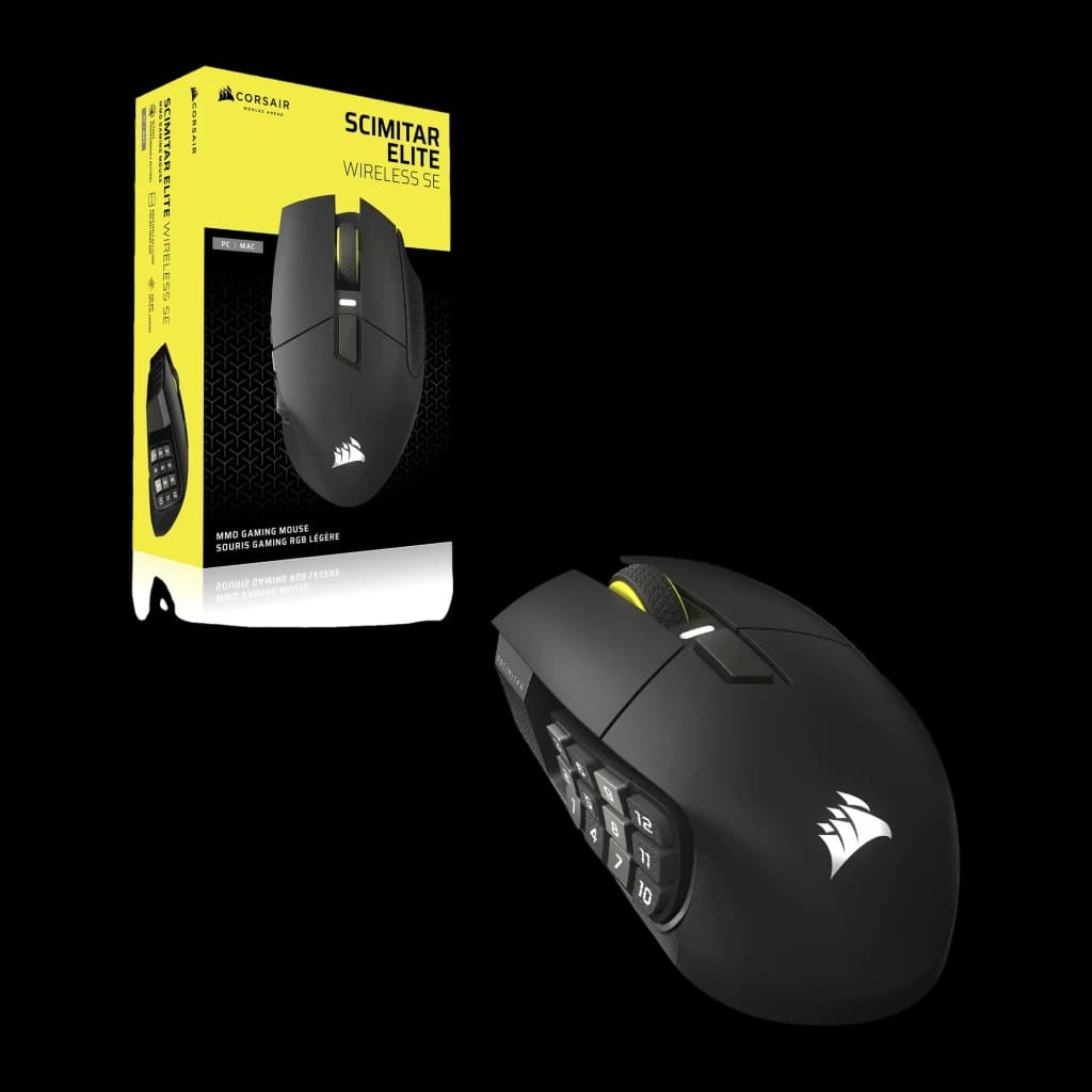 Ratón Gaming Corsair Scimitar Elite Wireless SE Inalámbrico 33000 DPI RGB Blanco, vista con caja: ratón negro con 12 botones