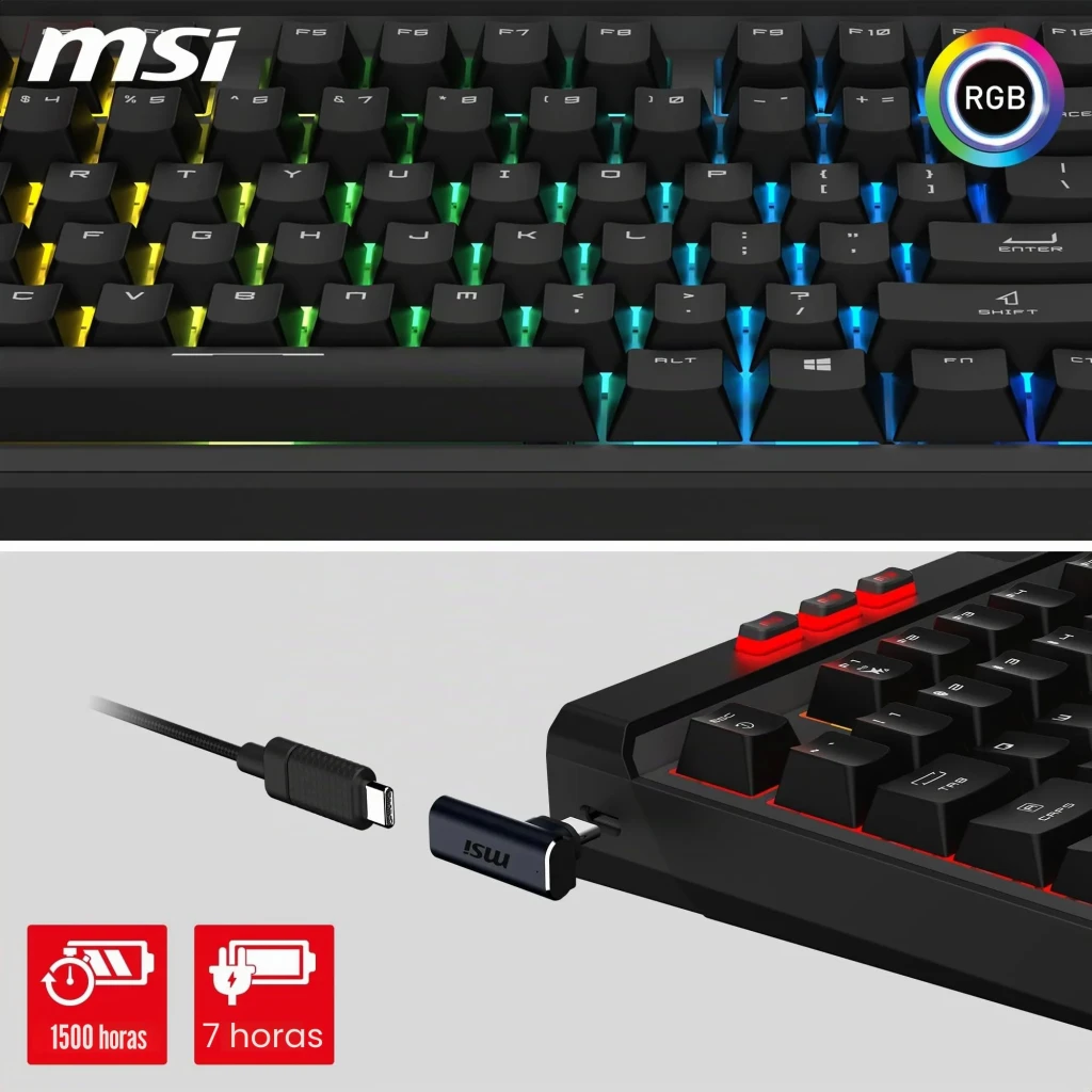 Teclado Gaming MSI Strike Pro Wireless ES Inalámbrico Mecánico Hot-Swap RGB Negro, detalle: retroiluminación RGB multicolor