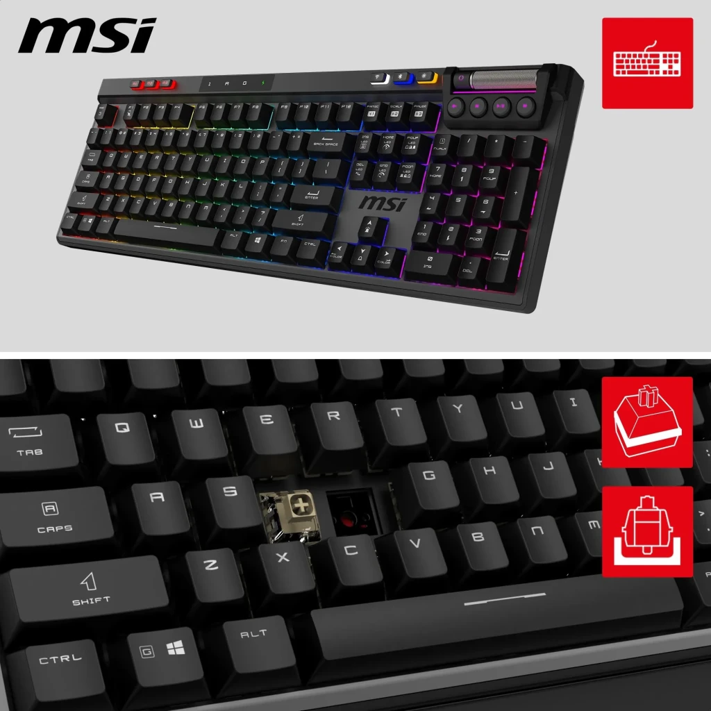 Teclado Gaming MSI Strike Pro Wireless ES Inalámbrico Mecánico Hot-Swap RGB Negro, vista angular superior e detalle switch