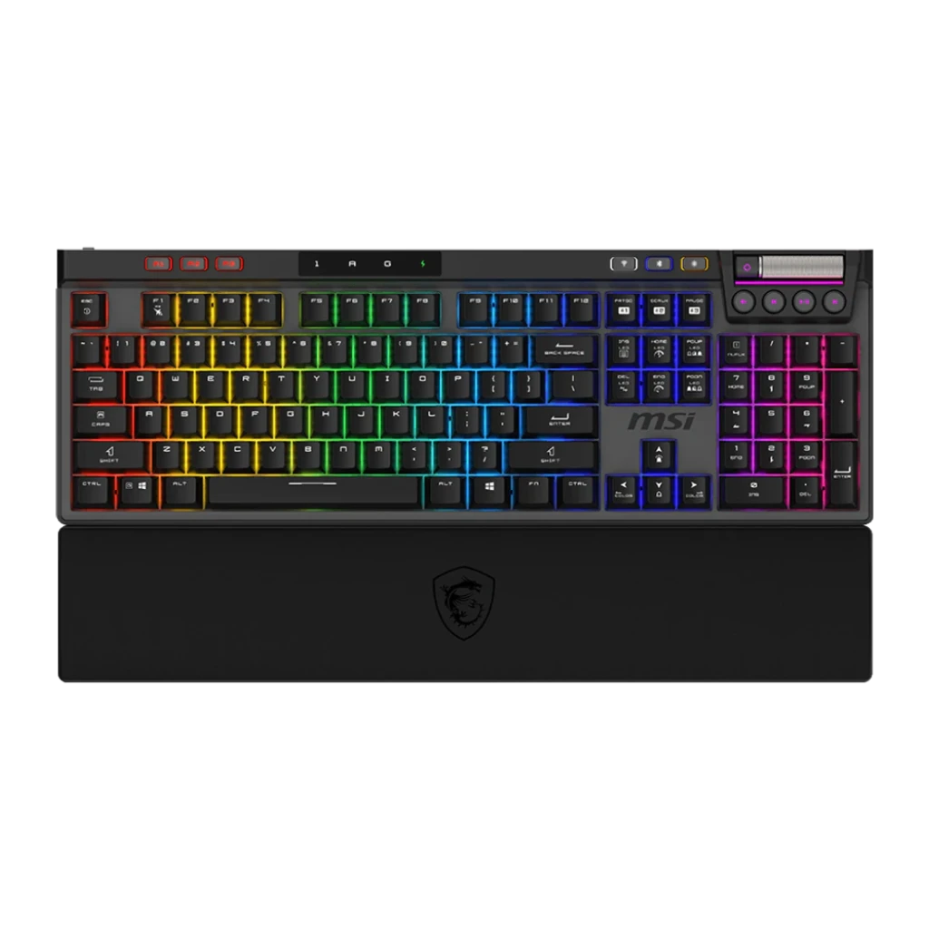 Teclado Gaming MSI Strike Pro Wireless ES Inalámbrico Mecánico Hot-Swap RGB Negro, vista frontal: retroiluminación RGB