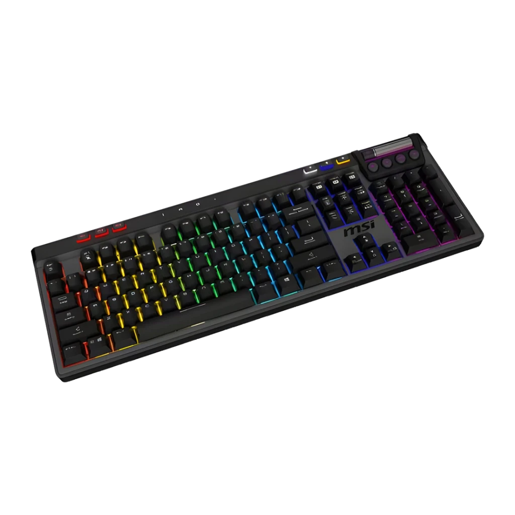 Teclado Gaming MSI Strike Pro Wireless ES Inalámbrico Mecánico Hot-Swap RGB Negro, vista diagonal: iluminación RGB