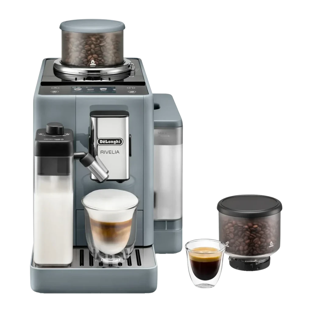 Máquina de Café Superautomática De'Longhi Rivelia EXAM44055G Moinho integrado Cinzento, vista frontal: corpo cinzento
