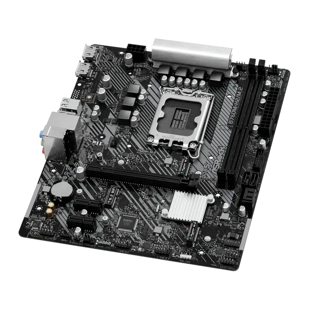 Placa-mãe ASRock Intel B760 LGA1700 DDR5 ATX Sem WiFi Preto B760M-H2/M.2, vista angular: socket LGA1700, slots DDR5