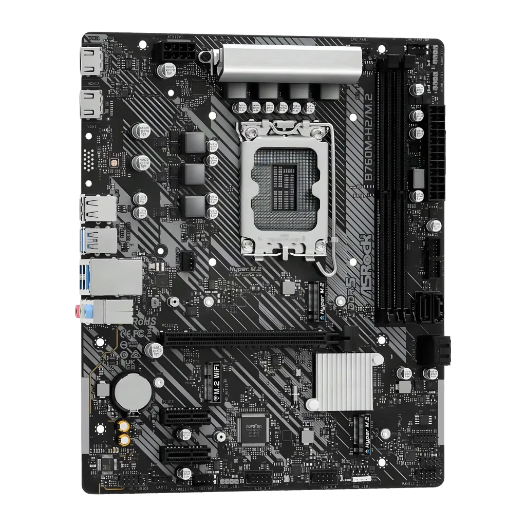 Placa-mãe ASRock Intel B760 LGA1700 DDR5 ATX Sem WiFi Preto B760M-H2/M.2, vista superior: socket LGA1700, slots DDR5