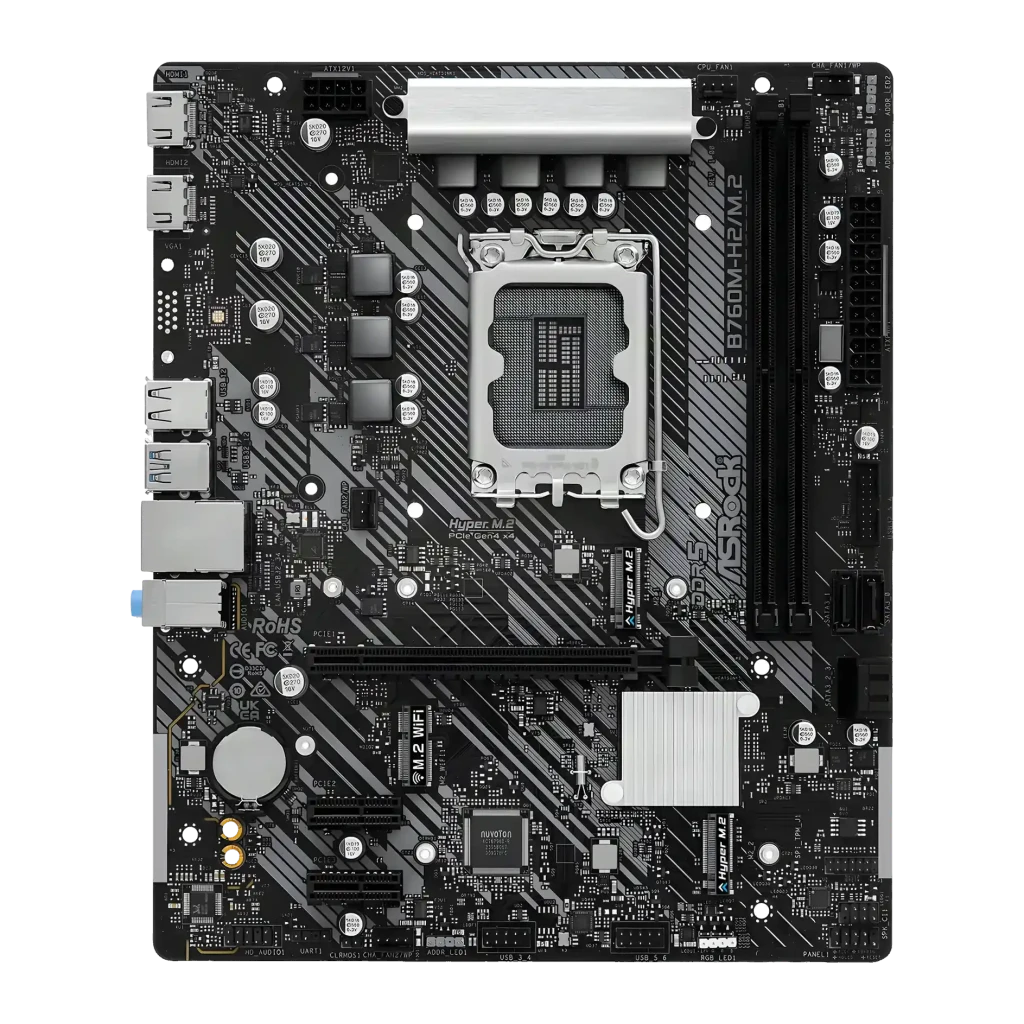 Placa-mãe ASRock Intel B760 LGA1700 DDR5 ATX Sem WiFi Preto B760M-H2/M.2, vista superior: socket LGA1700, slots DDR5