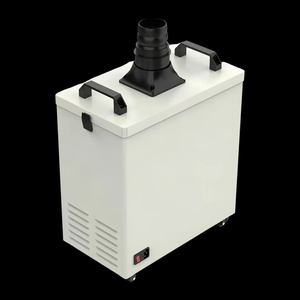 Purificador de fumo Creality Falcon Smoke Purifier Creme 180W, vista lateral: duto de saída preto, alças e grelha