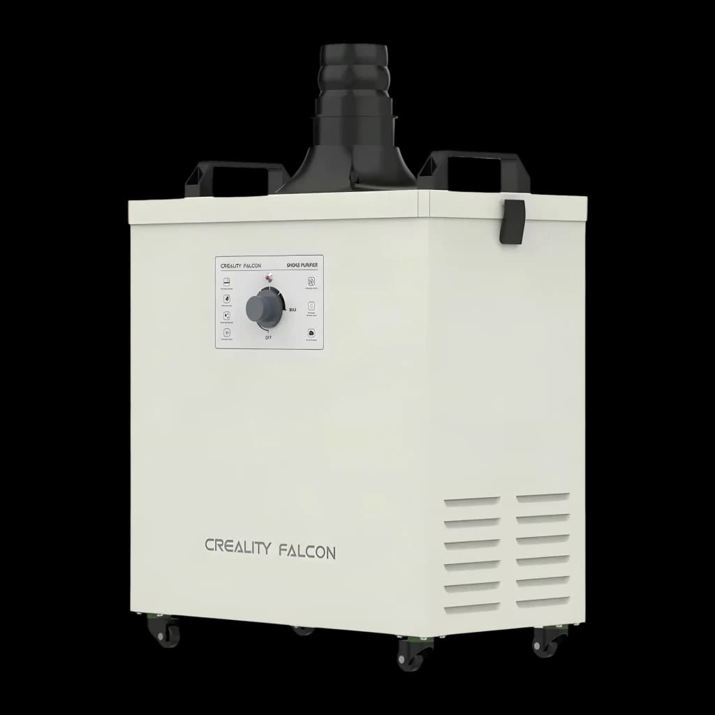 Purificador de fumo Creality Falcon Smoke Purifier Creme 180W, vista lateral: painel com dial, saída de tubo preto no topo