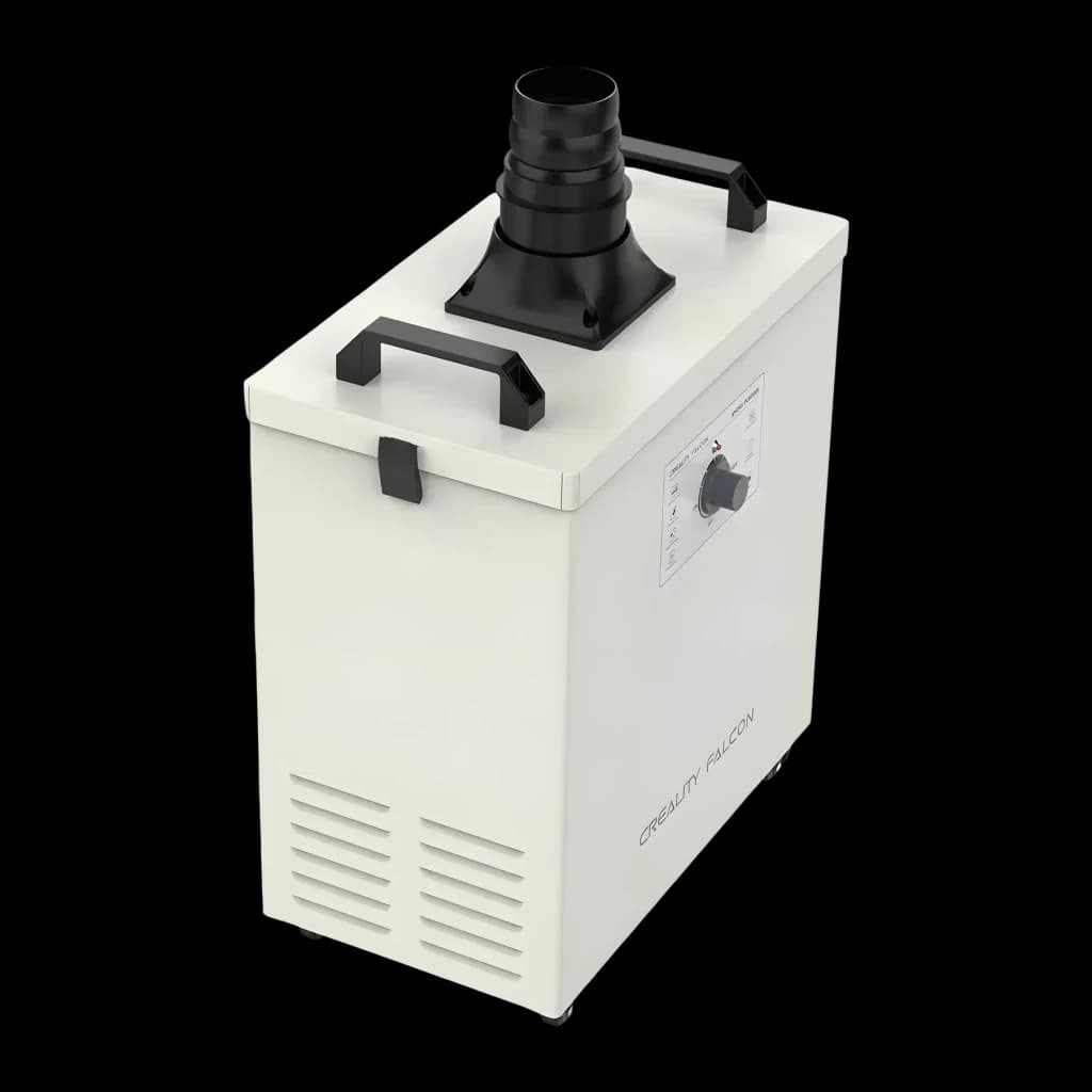 Purificador de fumo Creality Falcon Smoke Purifier Creme 180W, vista em ângulo: duto de saída preto no topo, alças e botão