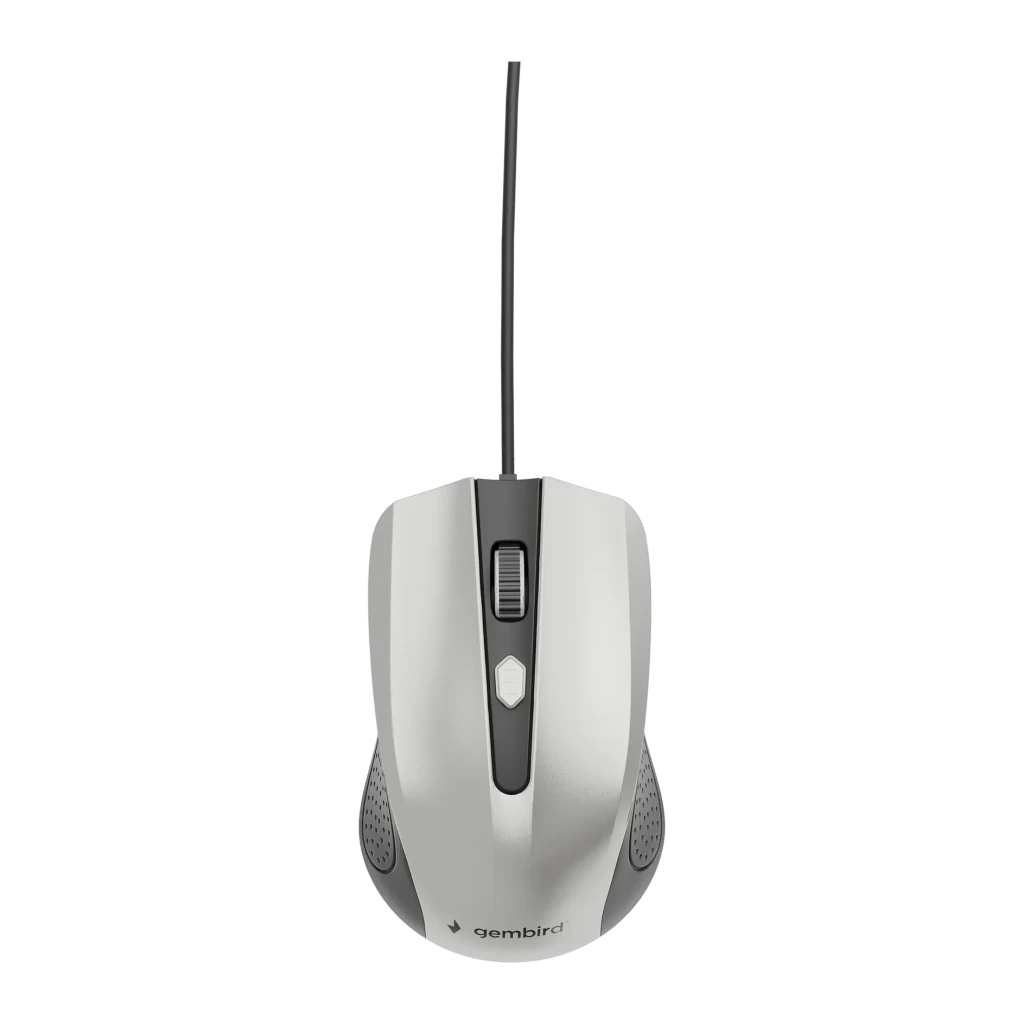Ratón Gembird Negro MUS-4B-01, vista superior: cuerpo blanco y gris con rueda central y cable USB negro