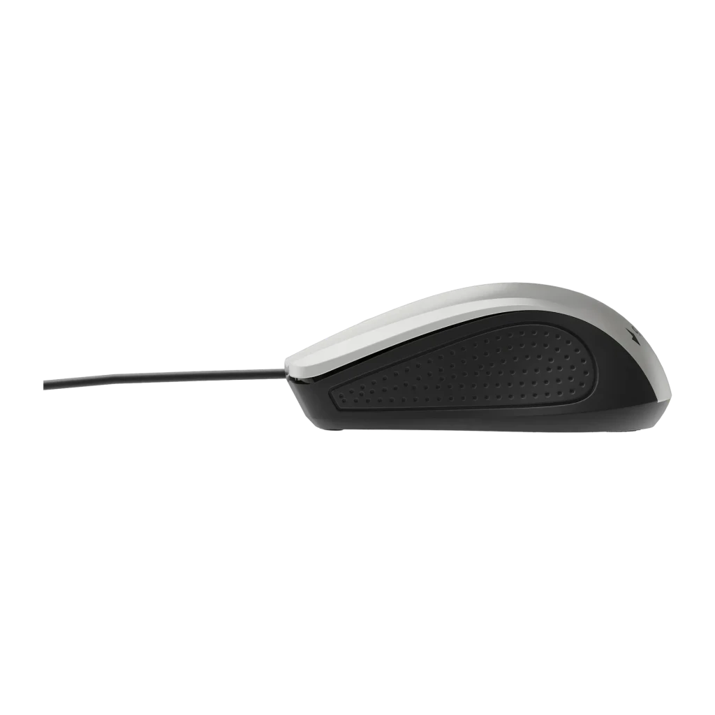 Ratón Gembird Negro MUS-4B-01, vista lateral: perfil con textura punteada negra, carcasa gris y cable USB