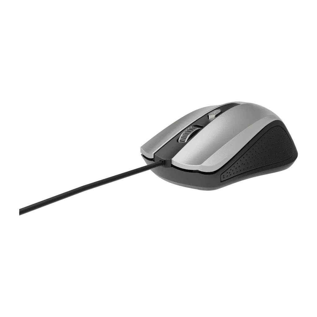 Ratón Gembird Negro MUS-4B-01, vista lateral: cuerpo plateado con zonas negras texturizadas y cable USB