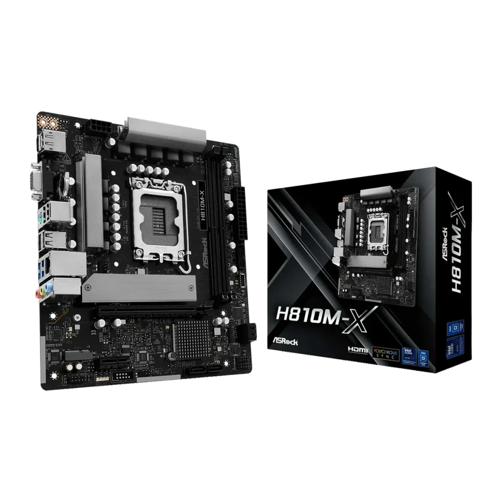 Placa-mãe ASRock H810M-X Intel H810 LGA1851 ATX DDR5 Preto, vista frontal com caixa: socket LGA1851, dissipadores cinza